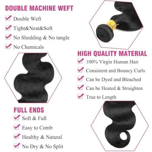 Human Hair Bundles Brazilian Body Wave Human Hair Bundles 18 20 22inch 100% Unprocessed Virgin Human Hair Body Wave Quick Weave Bundles Raw Human Hair 3 Bundles Deals Extensions Natural Black
