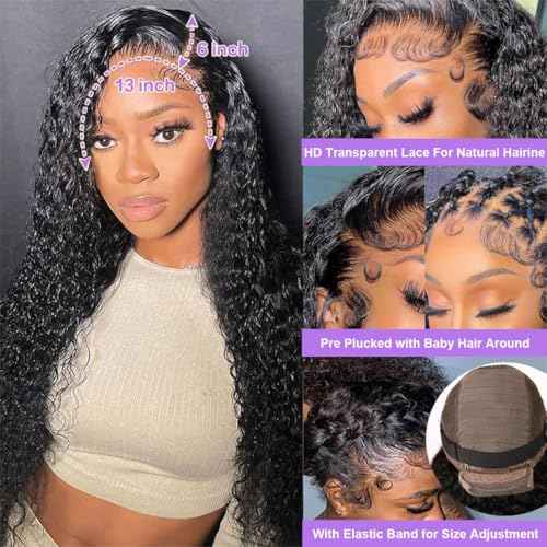Deep Wave Lace Front Wigs Human Hair 13x6 HD Lace Frontal Wigs Human Hair Pre Plucked 200 Density Deep Curly Glueless Wigs Human Hair For Women Natural Black 20 Inch