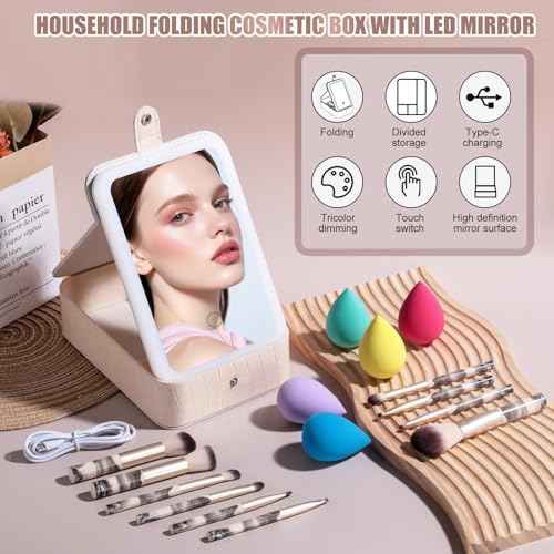 BS-MALL large Led Makeup Mirror Case Travel Makeup Brushes Set 15 Pcs ? LED Light Mirror with Makeup Sponge for Enhanced Beauty Routine Desk Stand Led Mirror
