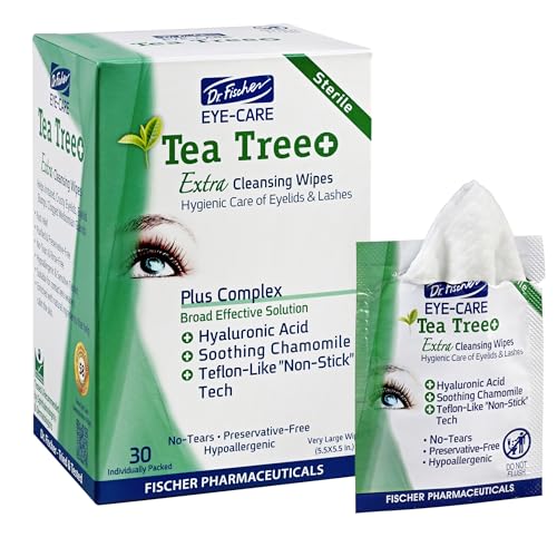 Dr. Fischer Tea Tree Oil Eye Wipes - Eyelid Wipes for Sensitive Eyes with Hyaluronic Acid and Chamomile, Makeup Remover, Daily Cleanser (30 wipes)