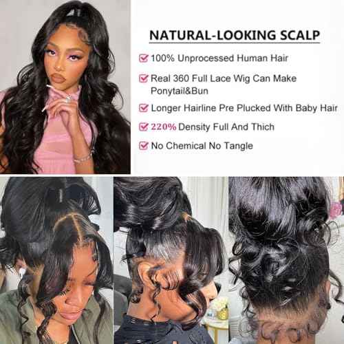 360 Lace Front Wigs Human Hair 220% Density Hidden Straps Body Wave HD Lace Front Wigs with Drawstring 360 Full Lace Wigs Brazilian Virgin Human Hair Wig for Women Natural Black 16Inch