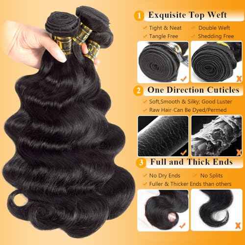 QTHAIR 16A Body Wave Human Hair Bundles (18" 18" 20",300g) 100% Unprocessed Body Wave Bundles Human Hair Brazilian Virgin Hair Weave Body Wavy Hair Extensions