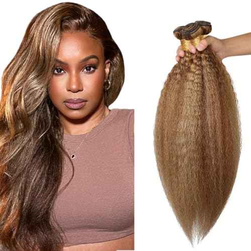 32 32 32 Inch Honey Blonde Kinky Straight 3 Bundles P4/27 Ombre 2 Tone Brown and Blonde Bundles Human Hair Brazilian Virgin Remy Human Hair Extensions
