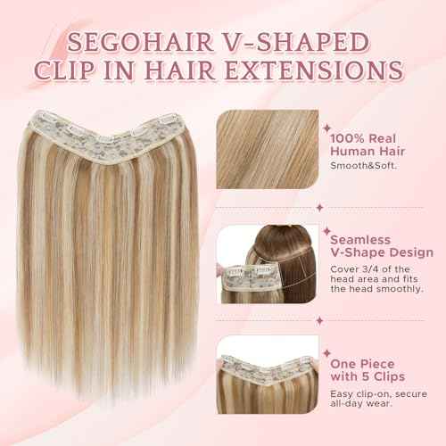 One Piece Clip in Hair Extensions 100% Real Human Hair 3/4 Full Head Hair with Upgraded V-Shaped Weft 5 Clips in Hair Extensions for Women, £¨20 Inch, #12P613 Golden Brown mixed Bleach Blonde£©