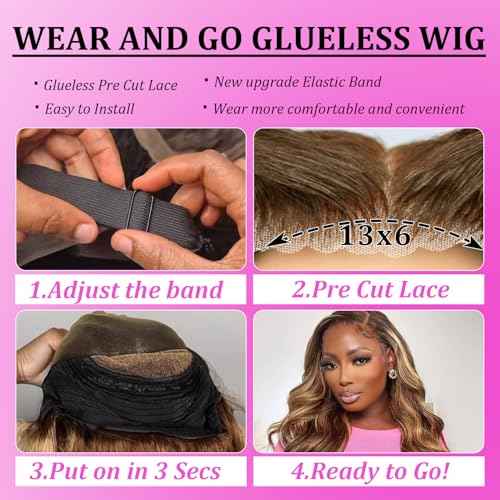 Honey Blonde Wig Human Hair Highlight Lace Front Wig Human Hair Ombre Glueless Wigs Pre plucked Pre Cut 13x6 Hd Full Lace Front Wig 180% Density Body Wave Full Frontal Wig 4/27 Colored 24 Inch
