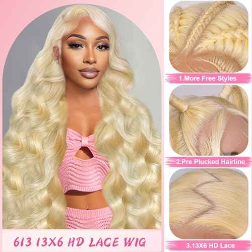 613 13x6 Lace Front Wig Human Hair 200 Density Blonde Wig Human Hair Body Wave 13X6 HD Transparent Lace Front 613 Lace Frontal Glueless Wigs Pre Plucked for Women 22 Inch