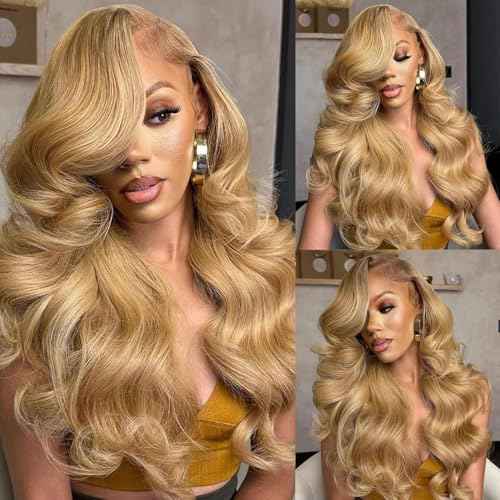 180% Density 13x6 Ash Blonde Lace Frontal Wig Human Hair Honey Blonde Body Wave Lace Frontal Wigs Human Hair 27# Colored Lace Front Wigs For Women Pre Plucked (18inch)