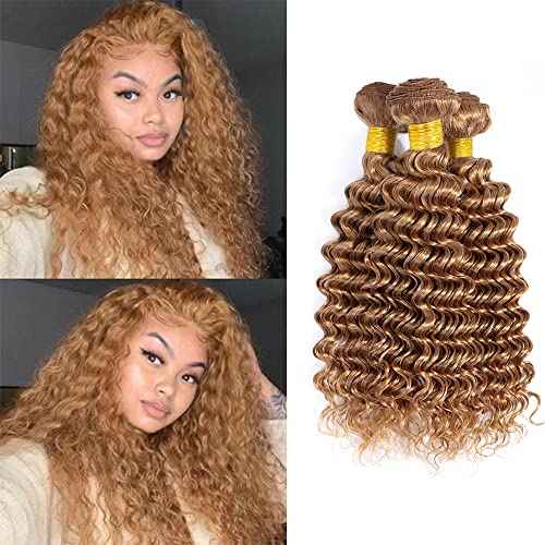 Color 27 Deep Wave Bundles Honey Blonde Human Hair 3 Bundles Brazilian 100% Unprocessed Virgin Extensions Double Weft Bundle 14 16 18 Inch