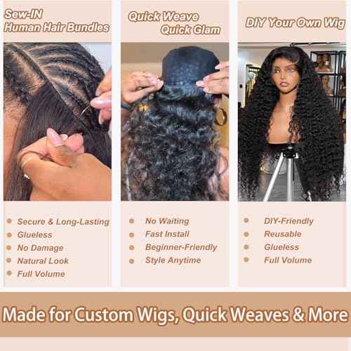 12A Human Hair Bundles with Closure-Deep Wave Bundles 16 18 20+14 Inch 5x5 HD Lace Closure Wet and Wavy Water Wave 100% Brazillan Virgin Deep Curly 3 Bundles Human Hair Quick Weave Bundles for Women