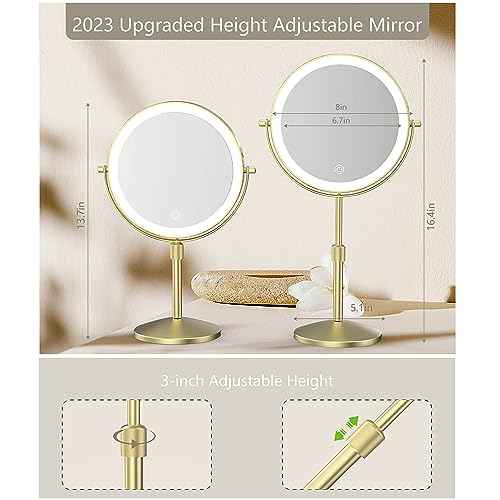 8" Lighted Makeup Mirror, 1X/10X Magnification Mirror with Lights, Double Sided Dimmable Mirrors, Rechargeable & Brightness & Height Adjustable, Cordless Vanity Mirror(Gold)