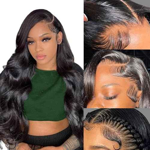 annione 24 Inch 13x6 Lace Front Wigs Human Hair 200% Density Real Human Hair Wig Body Wave HD Lace Frontal Wigs Pre Plucked Transparent Lace Natural Black for Women