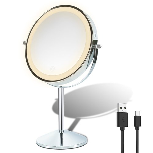 Aoglenic Makeup Mirror with Light, 8 inch Rechargeable 1X 10X Magnifying Mirror, Lighted Vanity Mirror with Magnification, Double Sided 360° Rotation, 3 Colors and Brightness Adjustable
