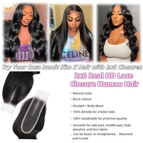 2x6 HD Lace Closure Body Wave Human Hair Real HD Transparent 22inch 100% Brazilian Virgin Middle Part Pre Plucked with Baby Hair Natural Color Kim K 2x6 Closure