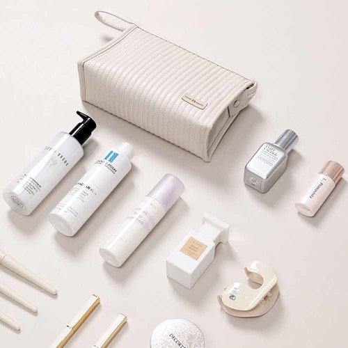 Linpr 3 Pcs Makeup Bag Set, Portable Waterproof PU Striped Leather Toiletry Bags, Cute Travel Cosmetic Organizer for Women and Girls (White)