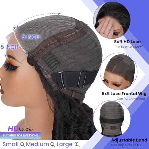 Lace Front Wigs Body Wave 5x5 HD Lace Closure Wigs Human Hair For Women 180% Density Transparent Lace Front Wig Pre Plucked 9A Glueless With Baby Hair Free Part Natural Black Color 24 Inch