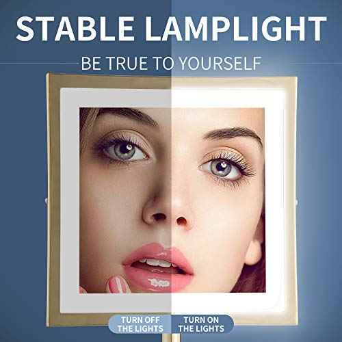 DOWRY Tabletop LED Lighted 5X Magnifying Makeup Mirror Square with Plug 8 Inch Polished Gold Finished