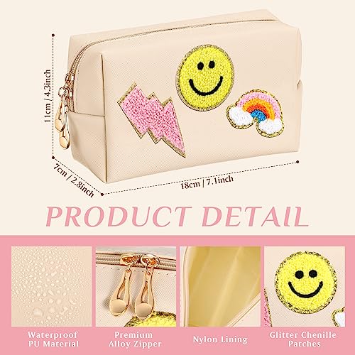 Sanwuta 4 Pcs Chenille Preppy Makeup Bag Portable Monogram Cosmetic Bag with Keychain Bracelet Pu Leather Waterproof Toiletry Bag Cute Pouches for Girl Women (Bright)