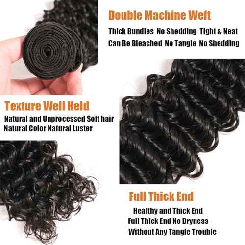 Deep Wave Bundles Human Hair 3 Bundles 12A Brazilian Virgin Human Hair Deep Curly Wave Extensions 100% Unprocessed Human Hair Weave Bundles Natural Black Color 14-18 Inch