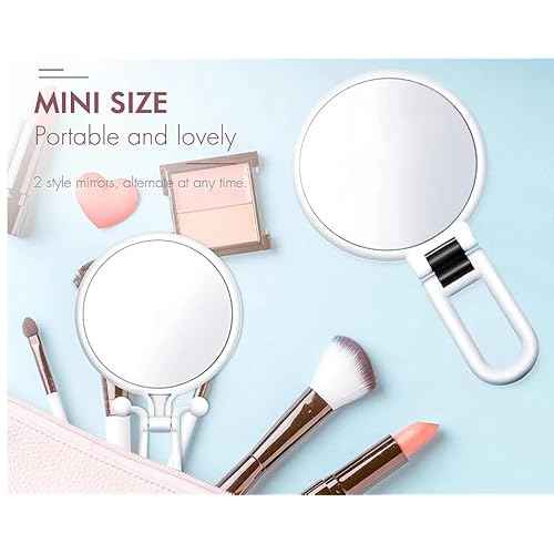 1X 5X Handheld Mirror with Handle for Travel£¬ Magnifying Mirror, Magnification, Rotation Adjustable Handle, Double Sided Folding, Mirror for Women for Eyes Makeup Travel Shaving (White)