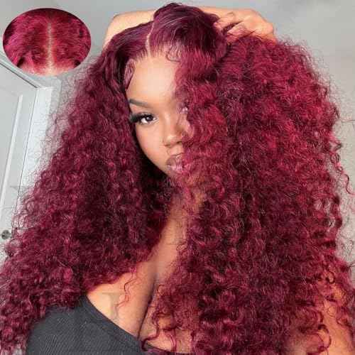 V SHOW 99j Burgundy Lace Front Wig Human Hair 180% Density Glueless Wigs Human Hair Pre Plucked Pre Cut 7x5 Deep Wave Lace Closure Wigs 18 Inch Pre Everything Burgundy Glueless Wig for Women