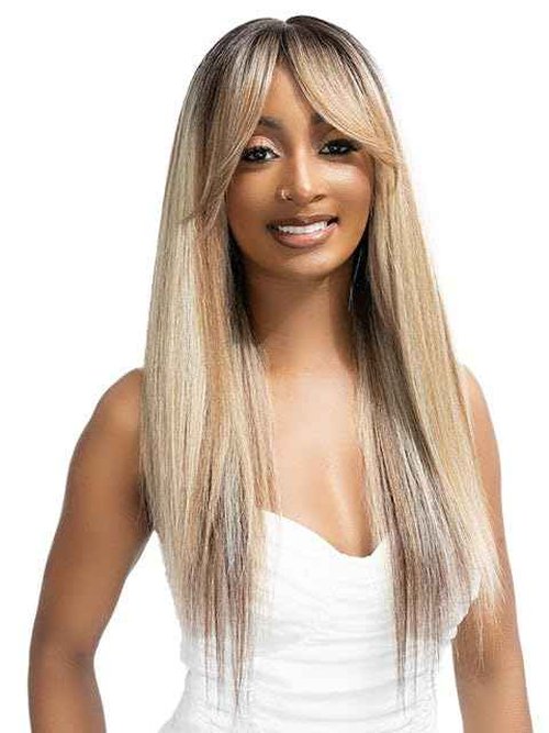Janet Collection melt VEIL BANG HD 360 HUMAN HAIR BLEND PRIME UNIMIX Hand-Tied 13X6 Frontal with HD 360 Glueless Transparent Lace DOMI Wig (COLOR #DR CHOCO)
