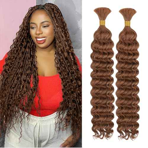 Human Braiding Hair for Boho Knotless Braids 2 Bundles 22 Inches 120g Deep Wave 10A Brazilian Virgin Human Bohemian Hair for Braiding Auburn Brown 30