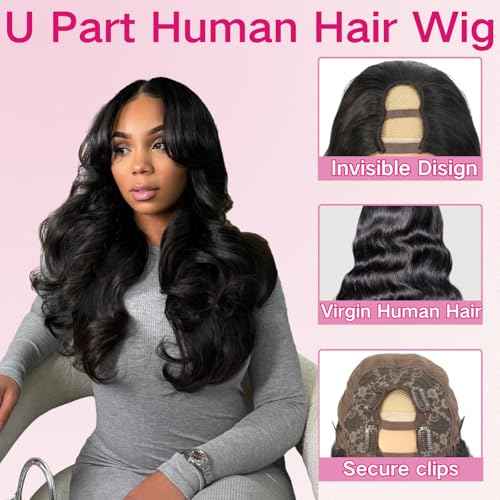 U Part Human Hair Wig Body Wave U Part Wig Human Hair for Black Women Glueless Wigs Human Hair Clip Natural Hair Wig Beginner Friendly Middle Part 180% Density 22inch