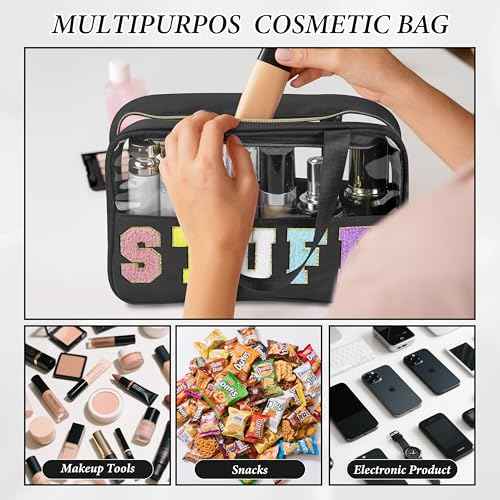 Snack Bag for Travel, Chenille Letter Clear Makeup Bag, 11.8" x 7.9" Nylon & PVC Waterproof Cosmetic Pouch with Handle and Zipper, Cute Preppy Storage Organizer Pouches for Women Girls (Stuff Black)