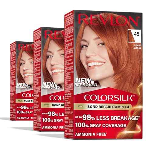 Revlon ColorSilk with Bond Repair Complex, Permanent Hair Color, 100% Gray Coverage, Ammonia Free Dye, Vegan Keratin, 45 Bright Auburn, 3 pack