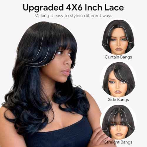Ruiyu Layered Curtain Bangs Wig Human Hair Face Framing 6x4 HD Lace Clourse Front Wigs Straight Pre Cut Straight Wear and Go Glueless for Black Women 100% Brazilian Human Hair Wig with Bangs 16 Inch