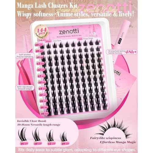 Manga Lash Clusters Kit Anime Lashes Cluster Kit Natural Wispy Eyelash Clusters Kit Spiky Fairy Individual Lashes Cluster with Spikes Invisible Clear Band DIY at Home 10-16MM by zenotti