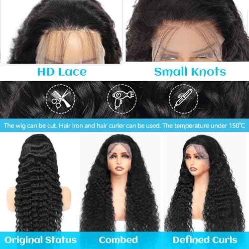 Deep Wave Lace Front Wigs Human Hair Wig 13x6 HD Lace Front Wigs Human Hair for Women Deep Curly Wigs Pre Plucked Glueless Wig Natural black Color 28inch