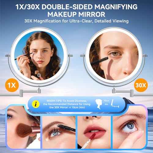 10'' 30X/1X Wall Mounted Lighted Makeup Mirror, 5000mAh Rechargeable Double-Sided Magnifying Mirror with Light, LED Vanity Mirror Touch Dimmable 3 Colors 360¡Æ Rotation Extended Foldable Arm, Chrome