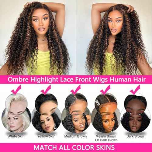 Super idol Ombre Highlight Lace Front Wigs Human Hair 1B/30 Black and Brown Deep Wave Wigs Honey Blonde Human Hair Pre Plucked with Baby Hair 150% Density (1B/30 Highlight Wig, 24 Inch)