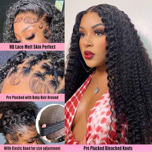 13x6 Deep Wave Lace Front Wigs Human Hair 200 Density HD Lace Front Wigs Human Hair Pre Plucked Bleached Knots Glueless Wigs Human Hair Wet and Wavy for Women (Natural Black 13X6, 20 inch, Curly)
