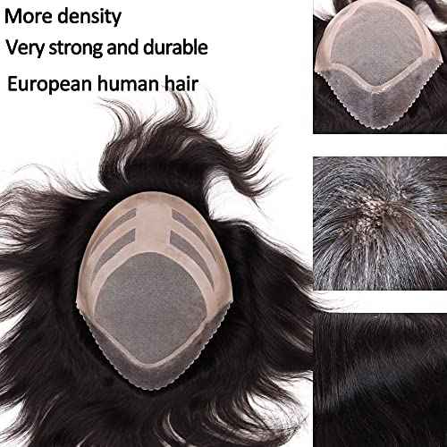 Mens Wigs Toupee for Men European Virgin Human Hair Weave Unit for Man Toupee Mono Lace Top Skin PU Men Hair Replacement System Mens Hairpiece (1B Mixed 30% Grey White Hair)