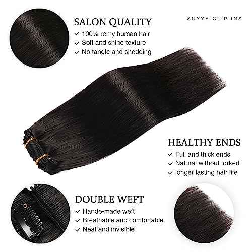 SUYYA Real Human Hair Clip in Extensions - 7 Pcs Straight Remy Hair Clip ins for Women - Double Weft 18 Inch #1B Off Black 80G