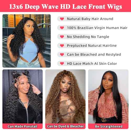 13x6 Deep Wave Lace Front Wig - Human Hair, Deep Curly, HD Lace Frontal, Pre Plucked with Baby Hair (28 Inch)
