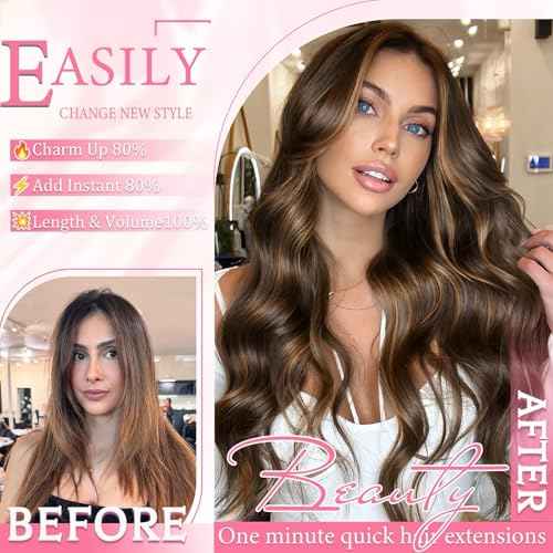Clip in Hair Extensions Real Human Hair, Seamless Balayage Human hair Clip ins Extensions for Women Invisible Straight 8Pcs Double Weft Dark Brown Highlight Chestnut Brown 18inch 100g