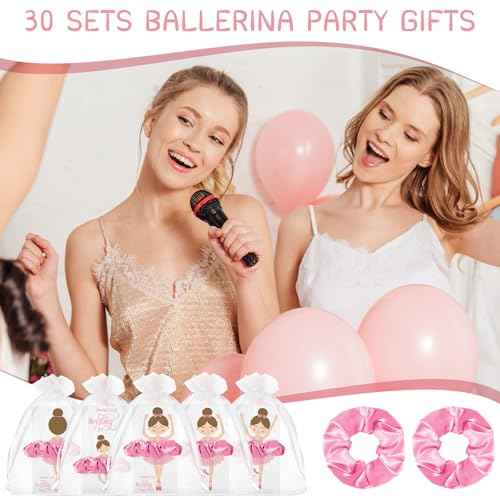 Yinkin 30 Sets Ballerina Party Favors for Girls Hair Scrunchies with Thanks Twirling Cards for Birthday Dance Recital Gifts Ballet Party Favors(Pink)