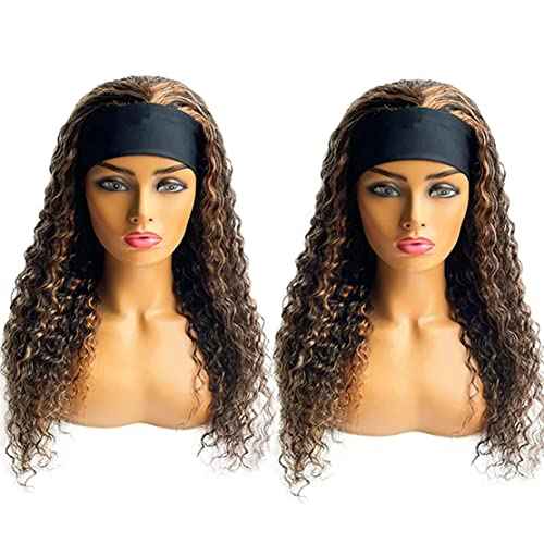 Highlight Deep Wave Wigs Human Hair 24 Inch Ombre Curly Headband Wig Human Hair Wigs for Black Women Human Hair Non Lace Front Wigs Brazilian Virgin Hair Brown Glueless Wear and Go Wigs Blonde