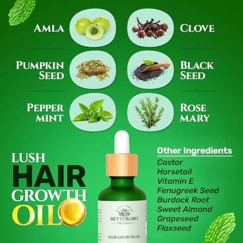 BetterGRO Organic Hair Growth Oil ? Herbal & Natural Blend with Rosemary, Black Seed, Amla, Pumpkin Seed & More ? Supports Growth, Strengthens Roots, Vegan & Cruelty-Free (1.7 fl oz)