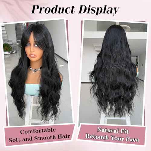LEOSA Black Wig for Women,Long Wavy Layered Wig with Curtain Bangs 26 Inch Middle Part Curly Wavy Synthetic Wig for Daily Party Use,Natural Black