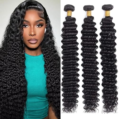 12A Deep Wave Bundles Human Hair 12 14 16 Inch 100% Unprocessed Brazilian Virgin Deep Curly Human Hair 3 Bundles Wet and Wavy Double Weft Deep Wavy Hair Extensions Real Human Hair Natural Black