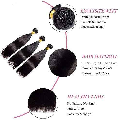 Straight Human Hair 3 Bundles 24 24 24 Inch Brazilian Virgin 100% Unprocessed Straight Hair Weave Bundles Human Hair Natural Black Color Hair Extensions for Women