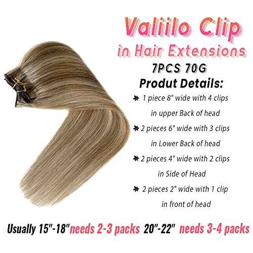 Blonde Clip in Human Hair Extensions Real Remy Natural Hair 20Inch Light Blonde Highlighted Golden Blonde Balayage Clip for Hair Extensions 7 Pieces 70G