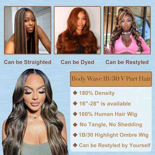 V Part Wig Human Hair Body Wave Upgrade Glueless Wigs Human Hair U part Vpart Human Hair Wig Beginner Friendly Real Hair wigs for Women 180% Density 20inch 1b-30