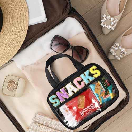 Chenille Letter Snack Bags Clear Makeup Bag, Preppy Clear Large Cosmetic Bag with Zipper, Waterproof Stuff Bag Travel Toiletry Bag Cosmetic Pouch for Women Girls (Black-SNACKS)