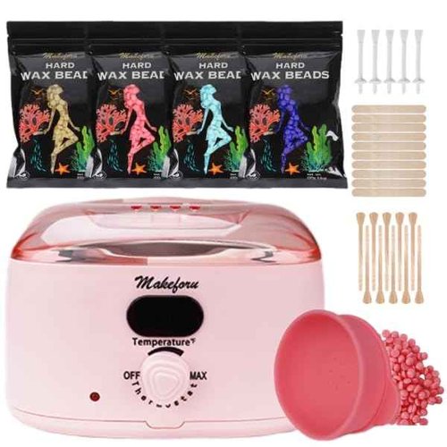 Makeforu Brazilian Waxing Kit - Bikini & Full Body Hair Removal with Digital Warmer, 4 Scented Wax Beads & 27 Silicone Tools - Home Waxing for Women & Men, Face & Body Care (Pink)