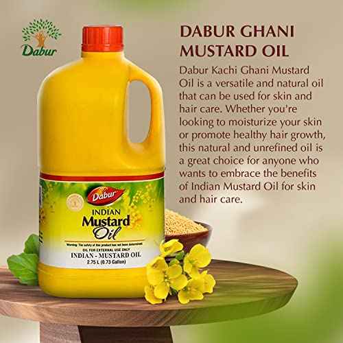 Dabur Kachi Ghani Mustard Oil - Unrefined Therapeutic-Grade Oil from Mustard Seeds for Skin, Hair Care, and Body Massage, Cold-Pressed (2750 ml)